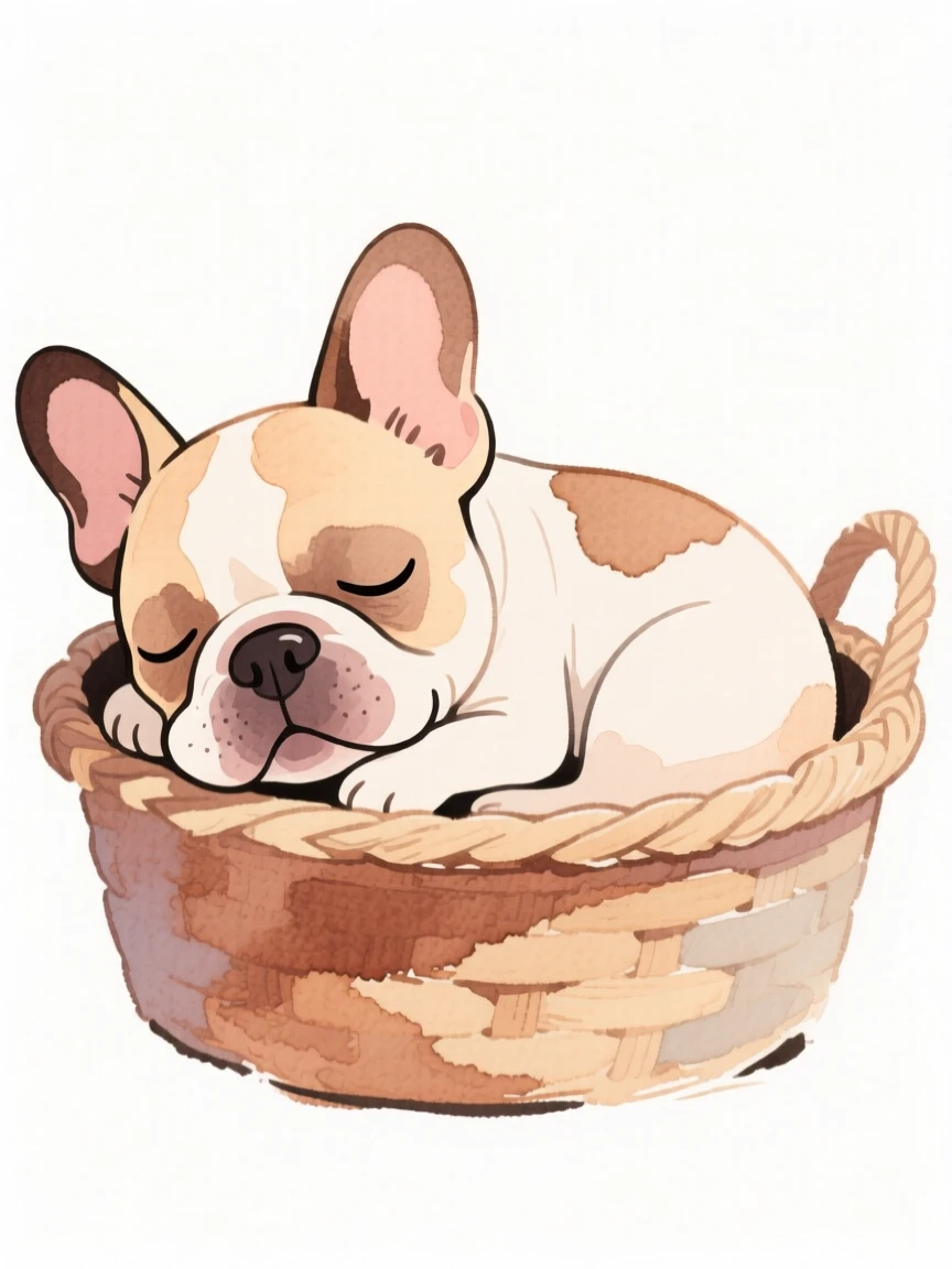A tiny french bulldog curled up asleep in a cozy basket