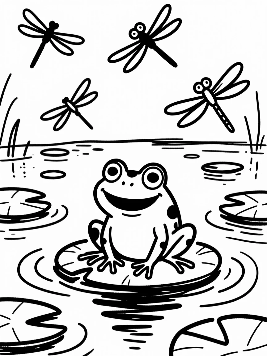 A tranquil pond scene with lily pads, a lone frog, and dragonflies dancing above.