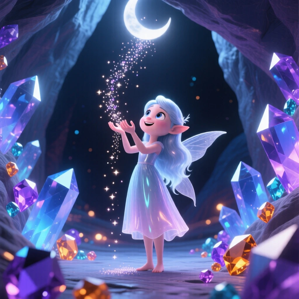 A moonlit sprite stands inside a crystal cave lit by glowing gems, catching falling stardust in cupped hands. The mood is enchanting, hopeful, and dreamlike, with faint music seeming to drift on the breeze.