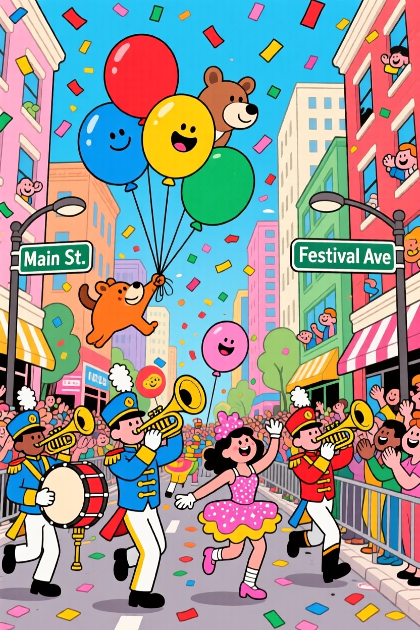 A parade marching down a city street with confetti falling.