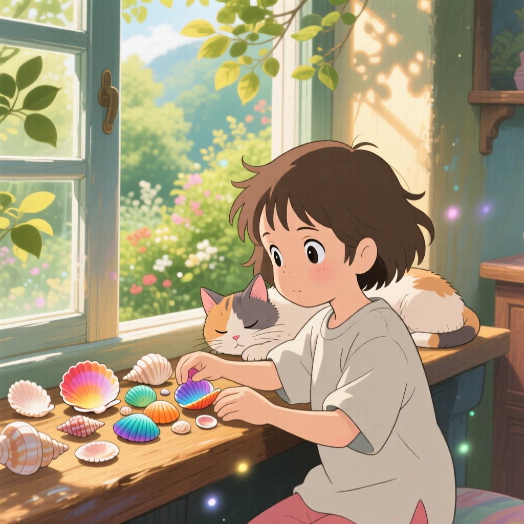 A child arranging seashells on a windowsill, a cat curled up nearby, half asleep, the whole scene feeling warm and comforting.