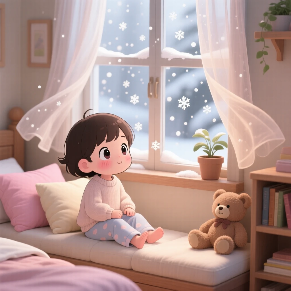 Medium shot: a small child, watching snow fall from a warm window seat, set against a softly lit bedroom during a light summer breeze, with diffused overcast light and a mood of warm affection.
