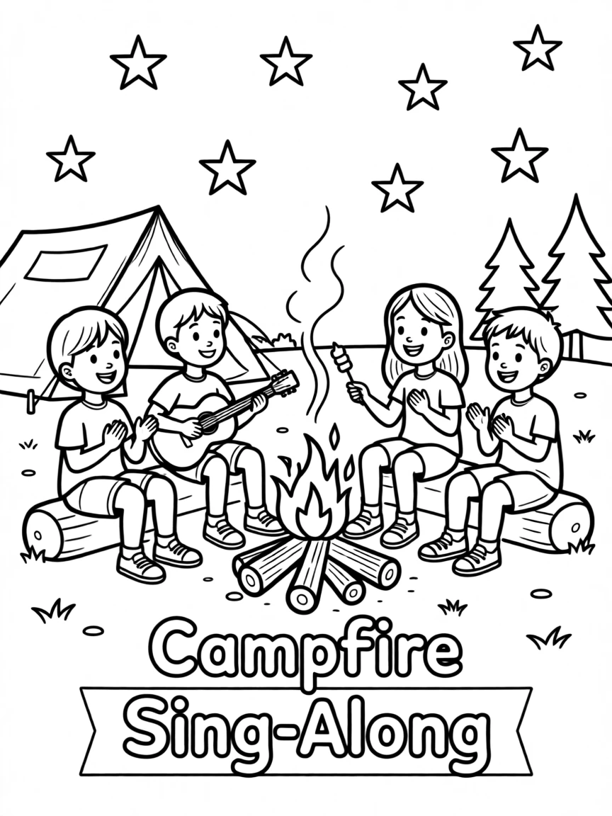 A summer camp campfire sing-along under the stars
