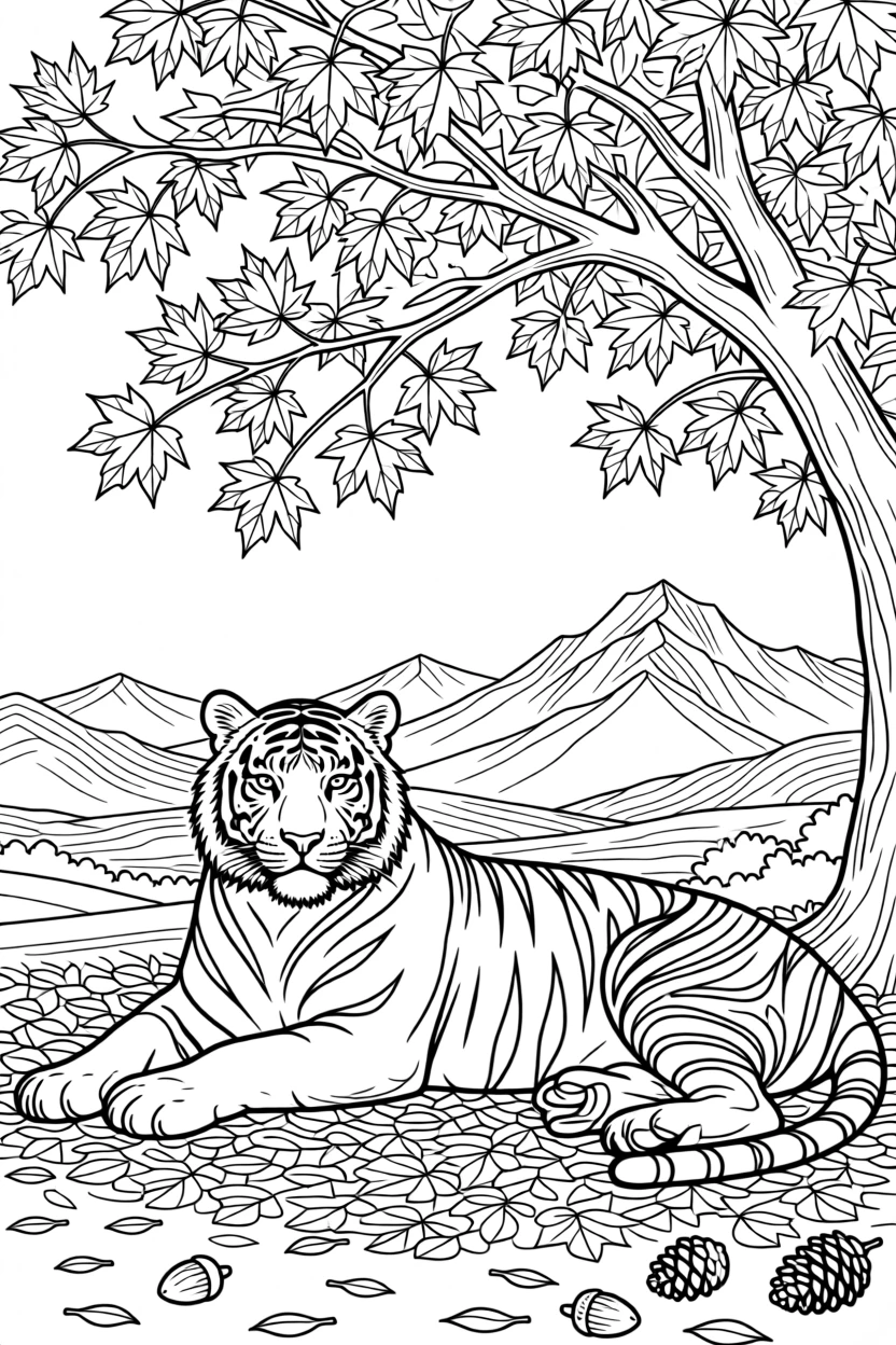 A white tiger resting beneath a canopy of autumn leaves, with a distant mountain range in the background.