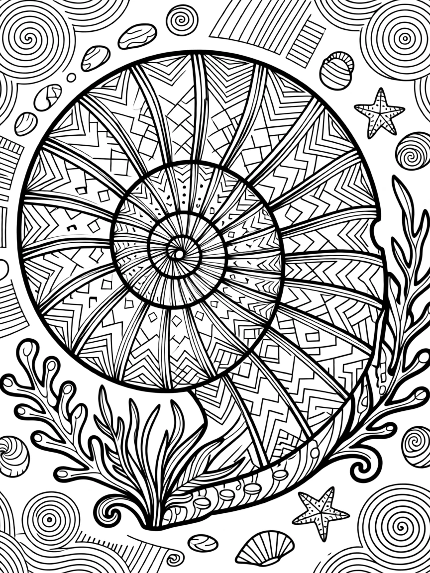 A mandala made from a spiral of ammonite fossil shapes.