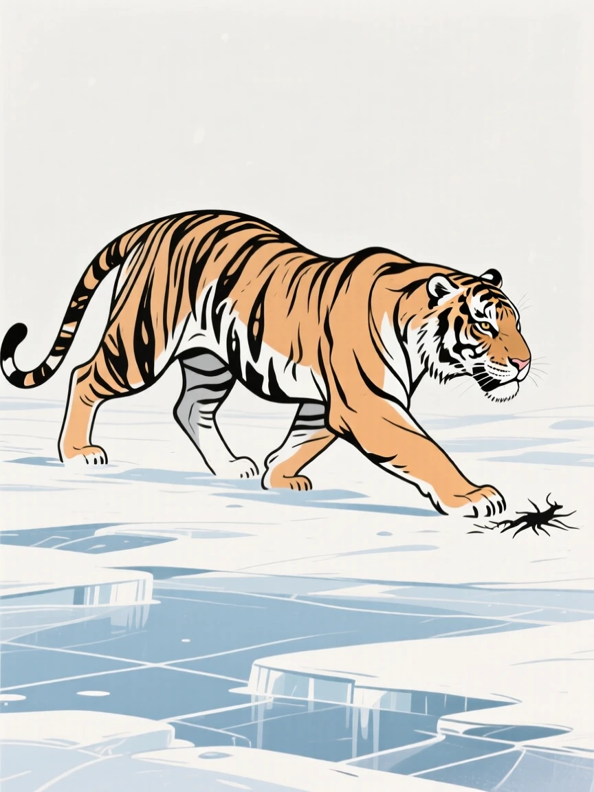 A saber-toothed tiger stalking prey across a frozen tundra.