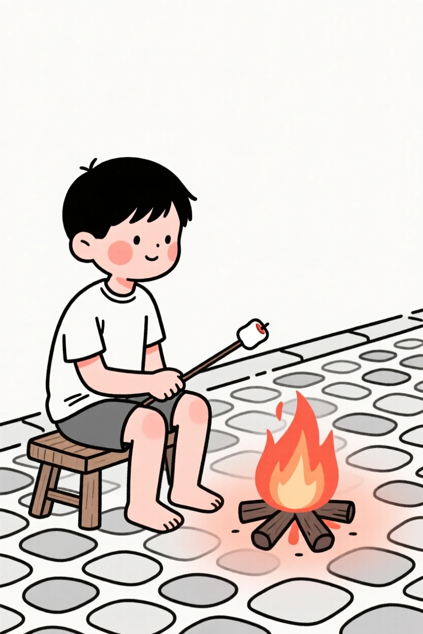 A young boy roasting marshmallows over a campfire, on a quiet cobblestone street.