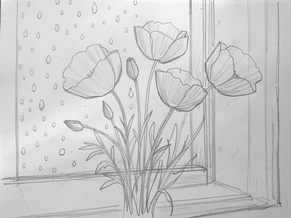 A handful of wild poppies against a rain-speckled window, glowing softly in the late afternoon light.