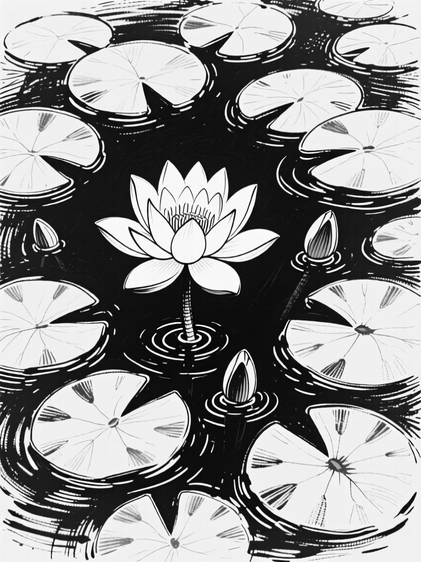 A blooming lily pad garden with a single white lotus at its center.