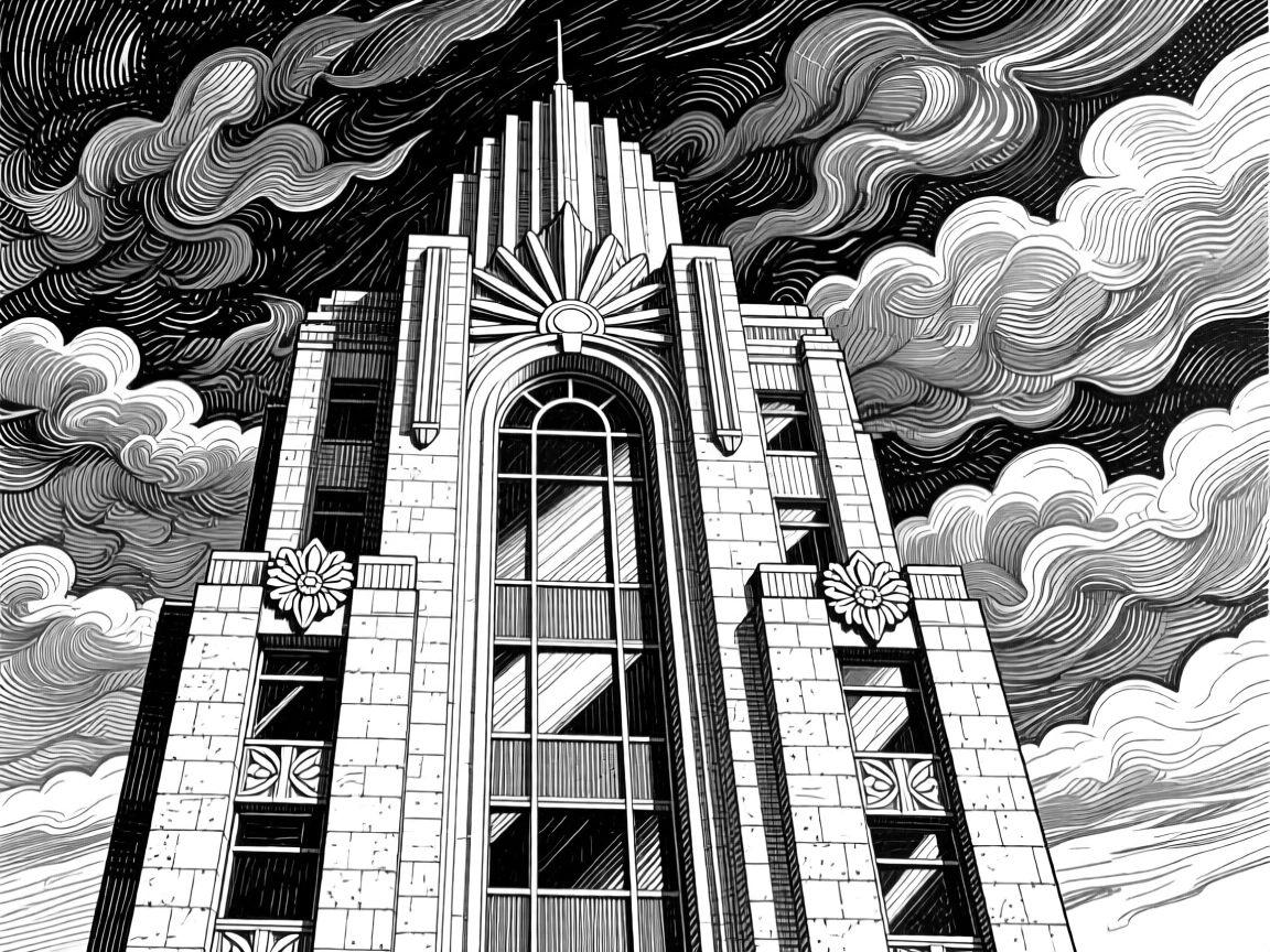 An art deco skyscraper facade under a dramatic sky, featuring arched windows catching the light, rendered in an awe-inspiring architectural composition.