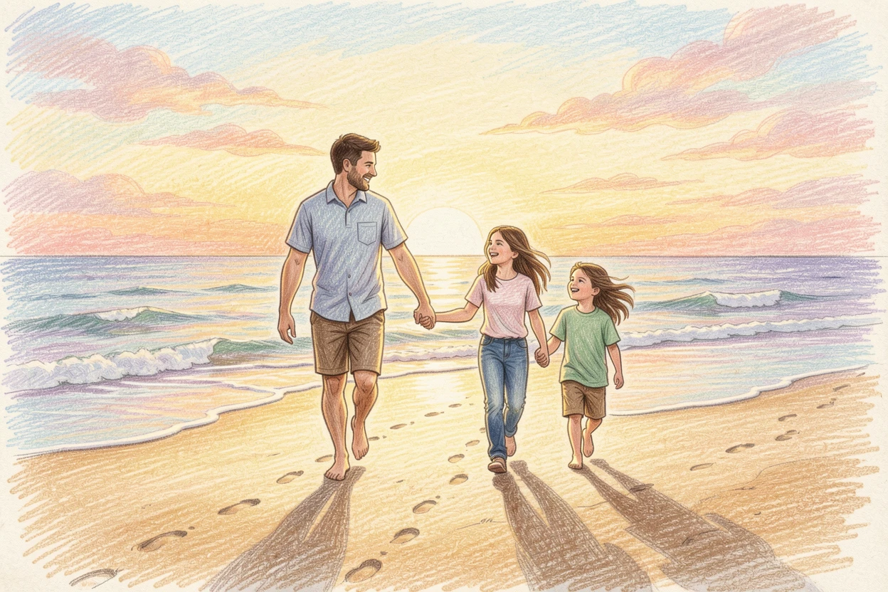 A family walking hand in hand along a golden beach at sunset, with warm, golden light capturing the joy of the moment, celebrating the simple magic of everyday family moments.