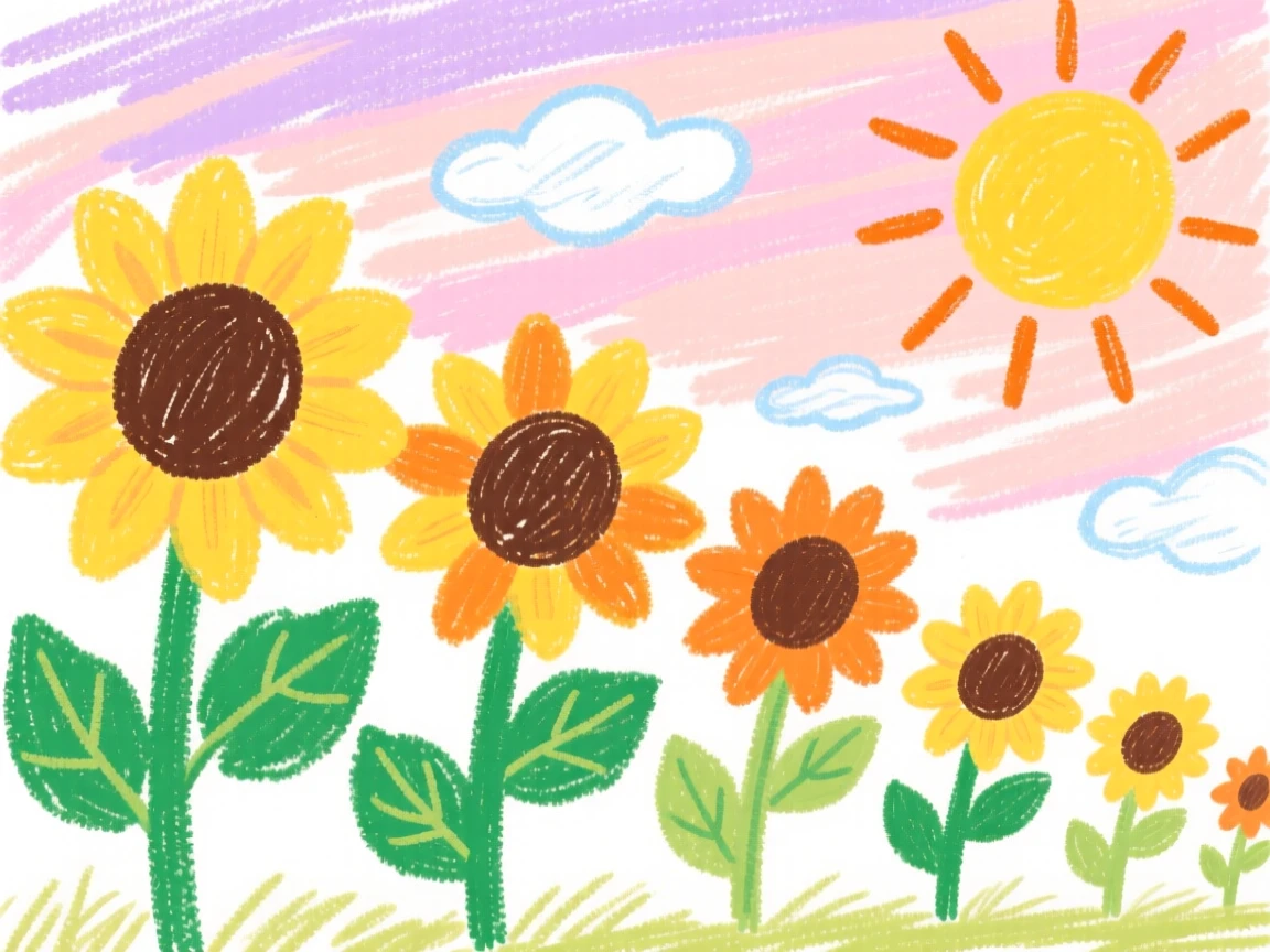 A view of a row of sunflowers facing the morning sun under a soft pastel morning sky.