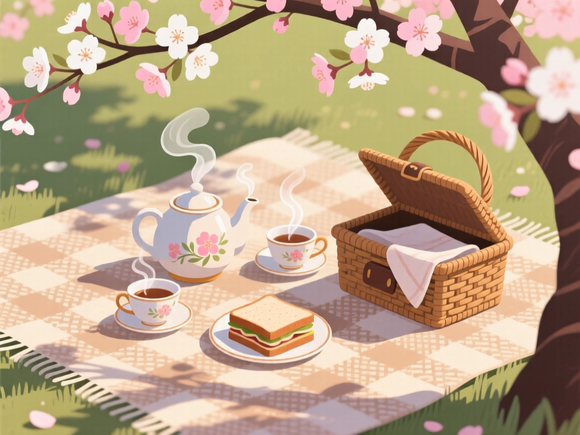 A picnic blanket spread beneath a blooming cherry tree, placed on a woven picnic blanket outdoors, framed closely to highlight comforting small details, with subtle steam rising to add a warm, lived-in feel.