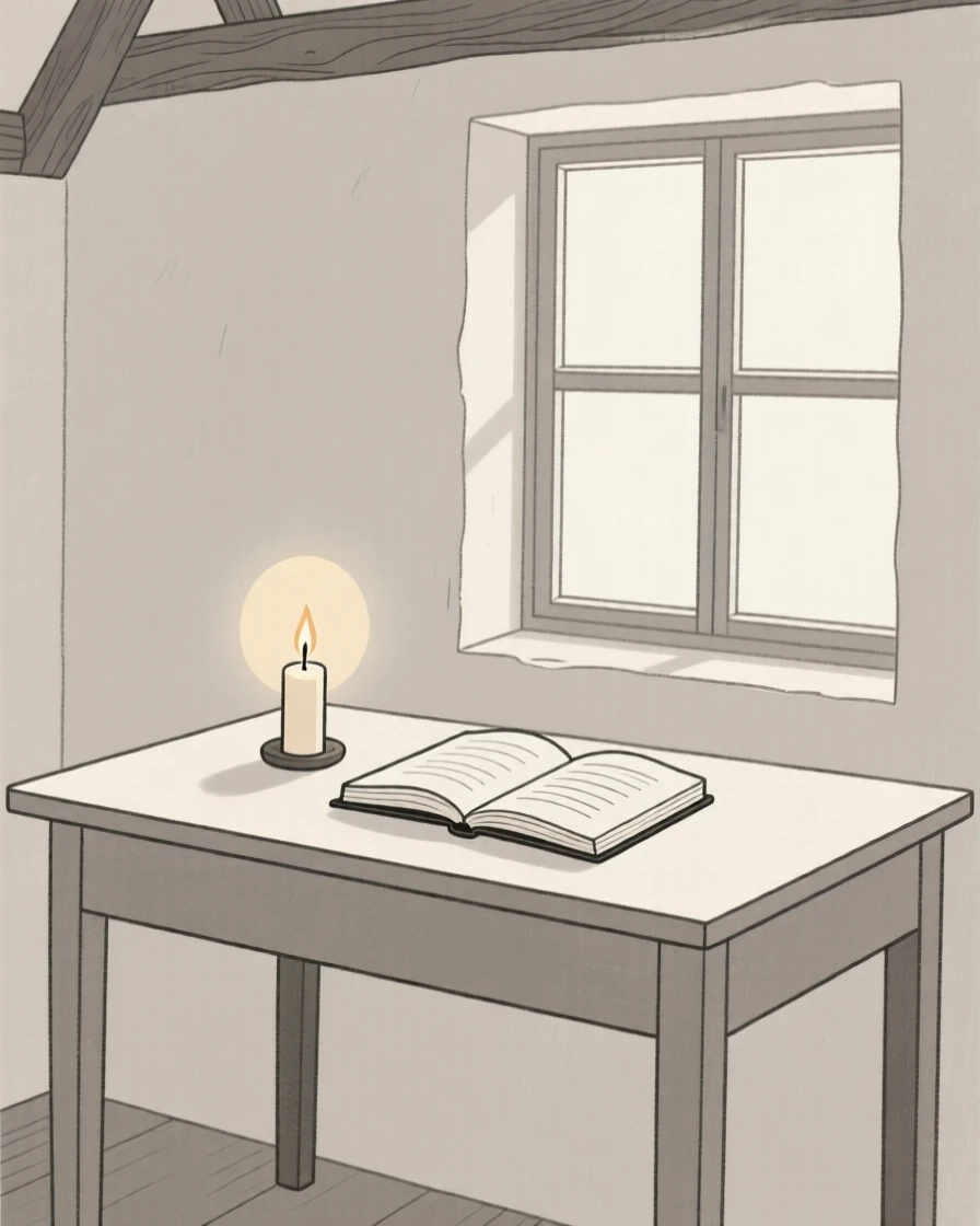 A morning scene of study desk resting in a countryside cottage beside a lit candle, radiating calm comfort.