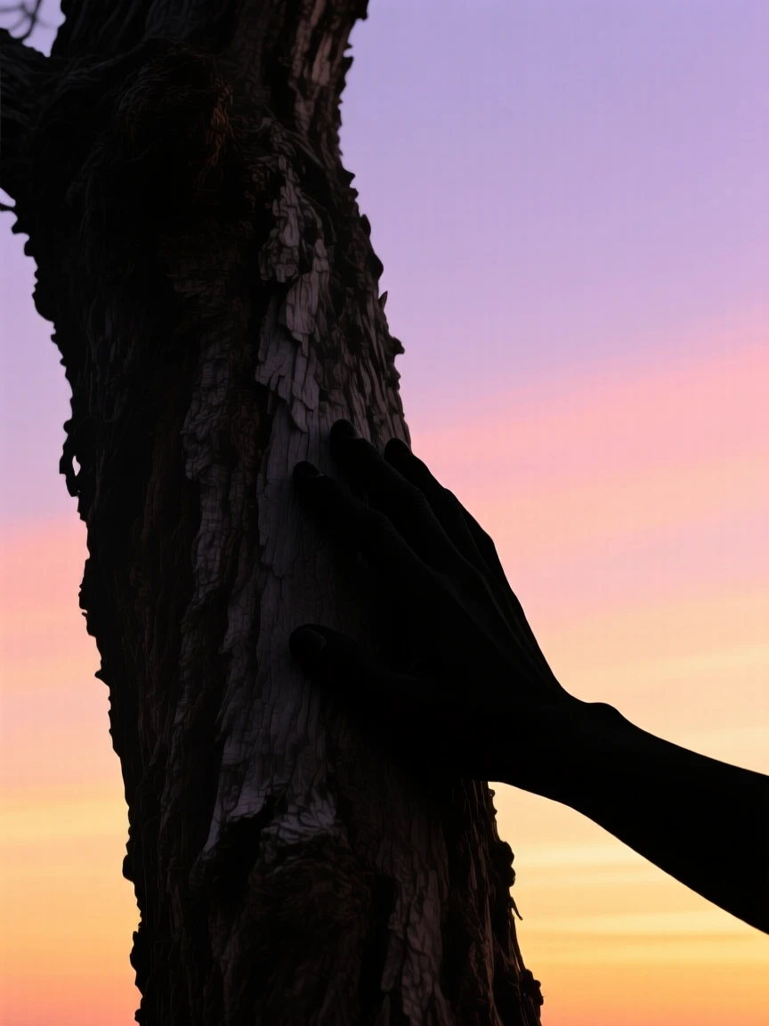 A gentle hand resting on the trunk of an old, towering tree.