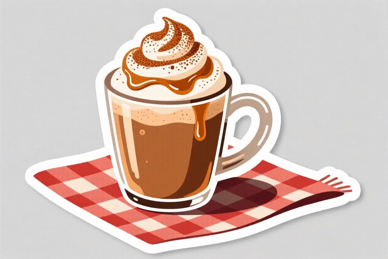 An irresistibly warm cup of pumpkin spice latte with cinnamon on top, drizzled with rich caramel sauce, on a checkered picnic blanket.