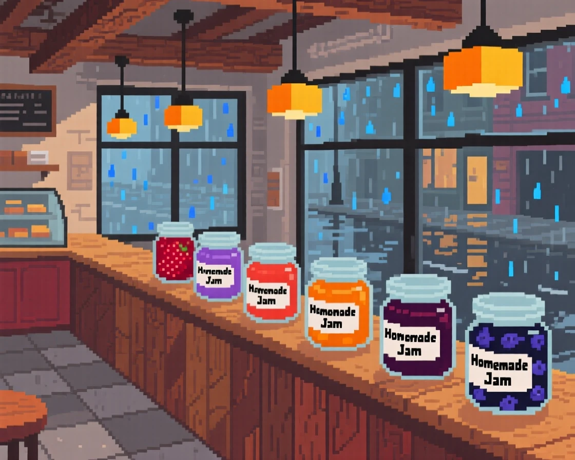 A bakery counter lined with jars of homemade jam, in a loft apartment above a rainy street.
