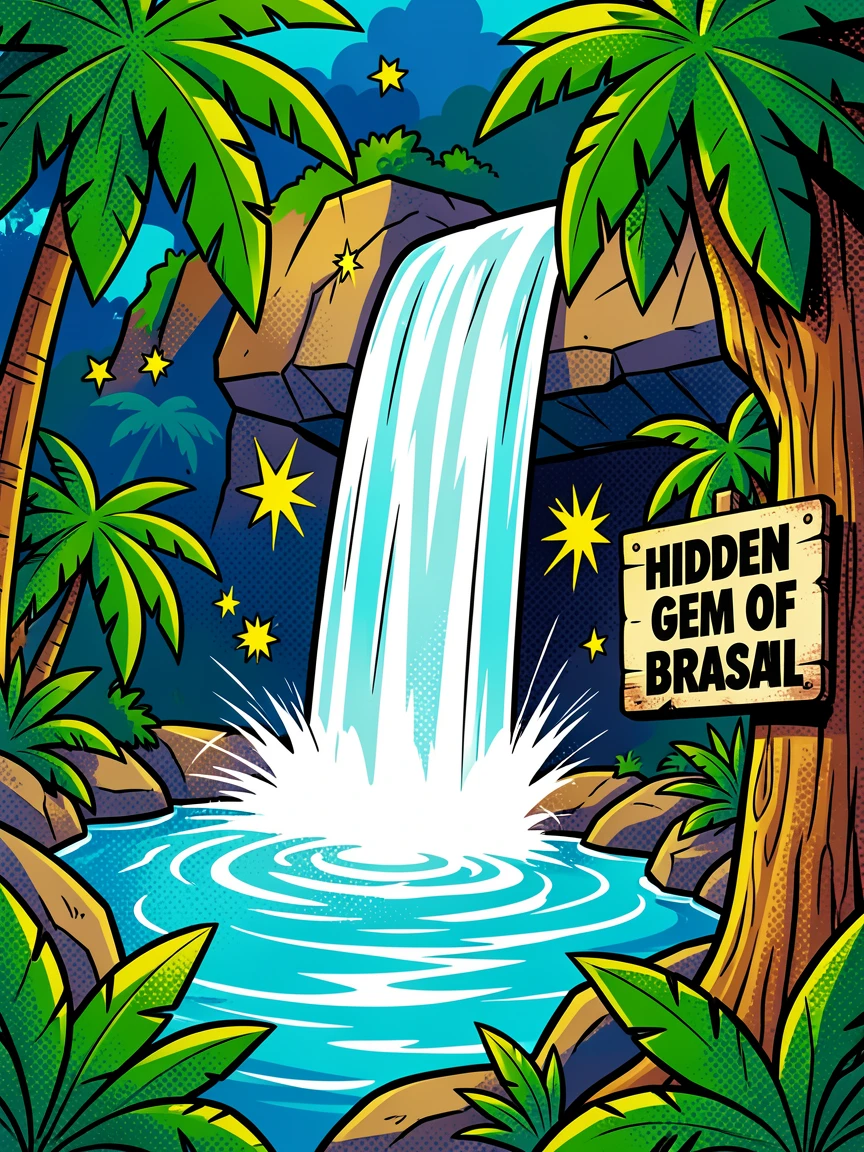 A hidden waterfall pouring into a jungle pool in Brazil