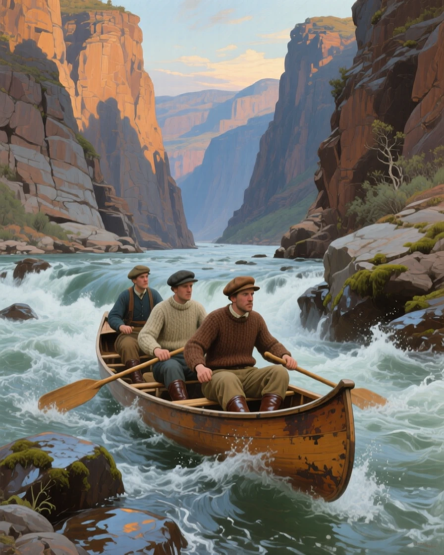 An expansive vista of a canoe expedition navigating rapids through a rugged canyon, in the 1920s, in the pale light of early evening.
