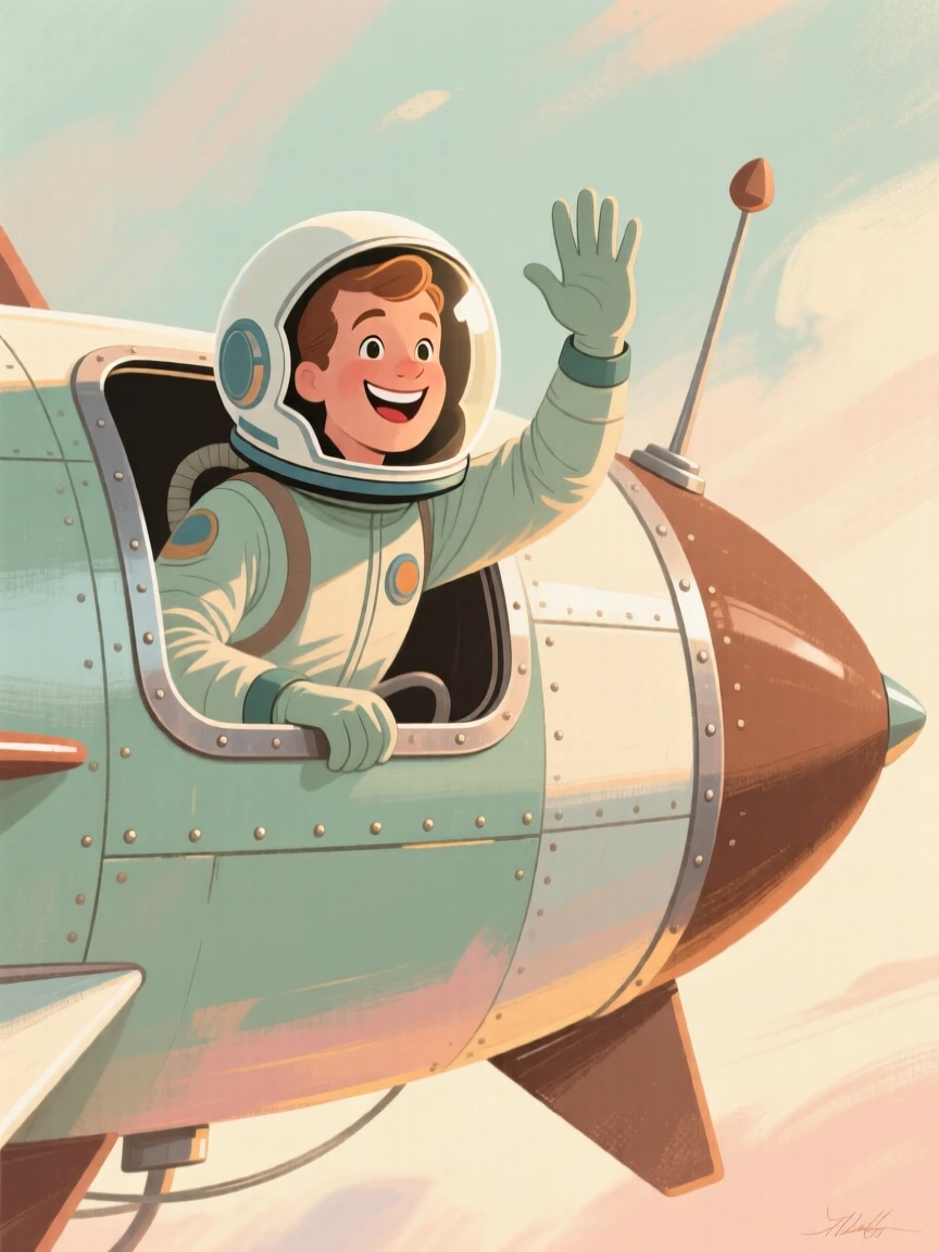 A retro spaceman waving from the window of a small tin rocket