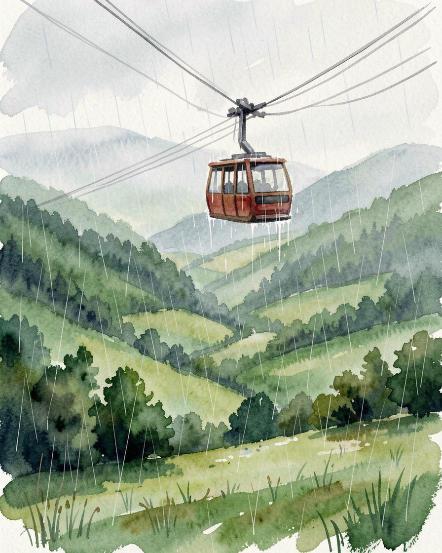 A cable car crossing above a green valley in gentle rain.