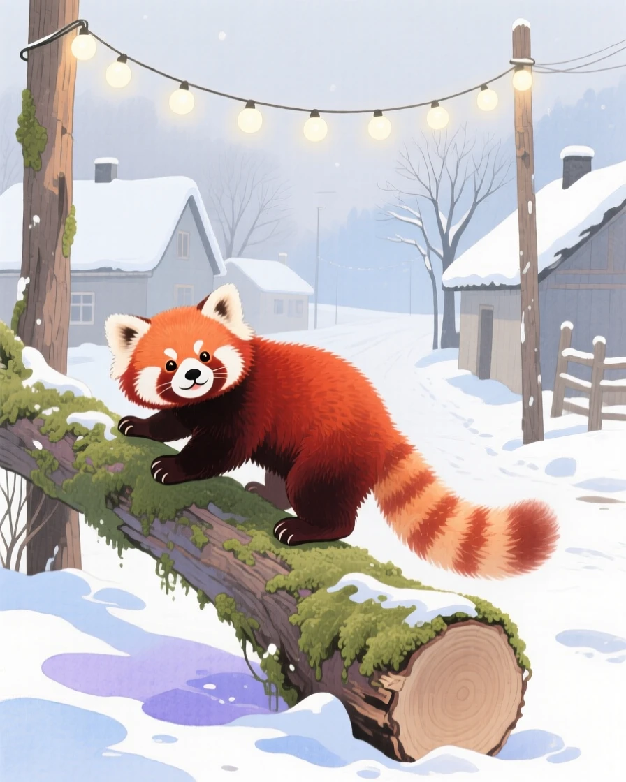 A red panda climbs over a mossy log in a snowy village lane, with a string of fairy lights glowing above