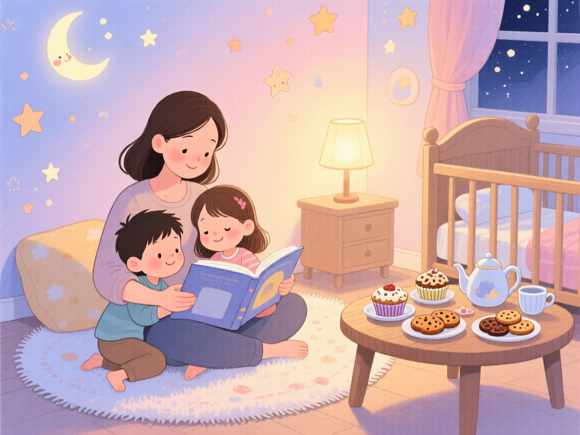 A mother reading a bedtime story to her two children, in a nursery glowing with a soft nightlight, with a table set with homemade treats, tender maternal love and comfort.