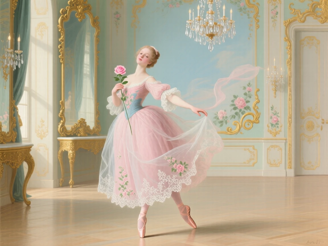 A ballerina-like dancer holding a rose at the center of an empty ballroom  