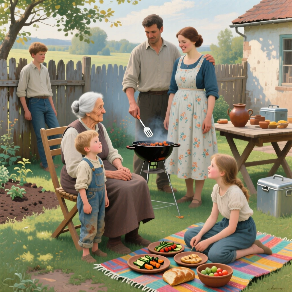 A multigenerational family posing for a photo at a backyard barbecue, captured in a candid, unposed moment of togetherness, capturing an everyday moment that feels timeless and precious