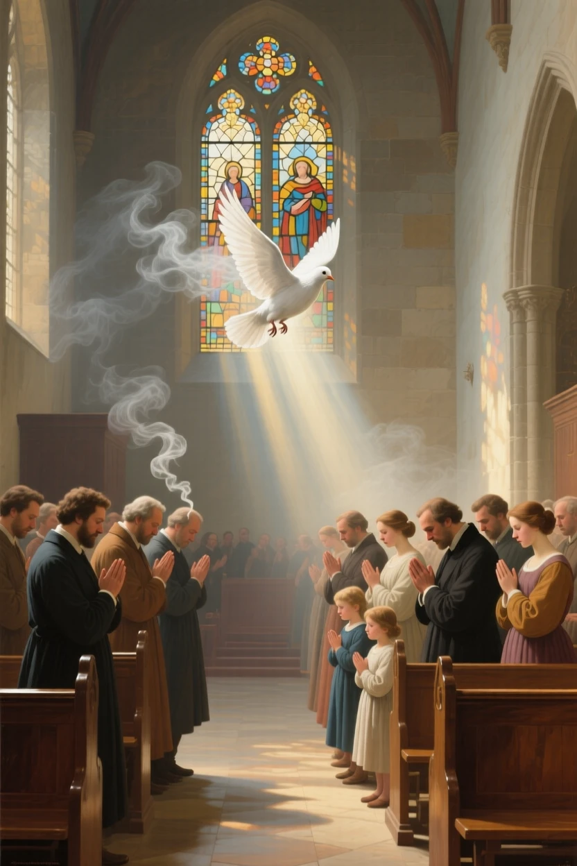 A congregation gathered in hushed reverence beneath stained glass light as light seems to answer a silent prayer, set within a sunlit chapel filled with drifting incense smoke, with a single dove or beam of light marking the sacred moment; quiet, uncluttered space allows the emotional core room to breathe, suggesting the enduring comfort of belief and community.
