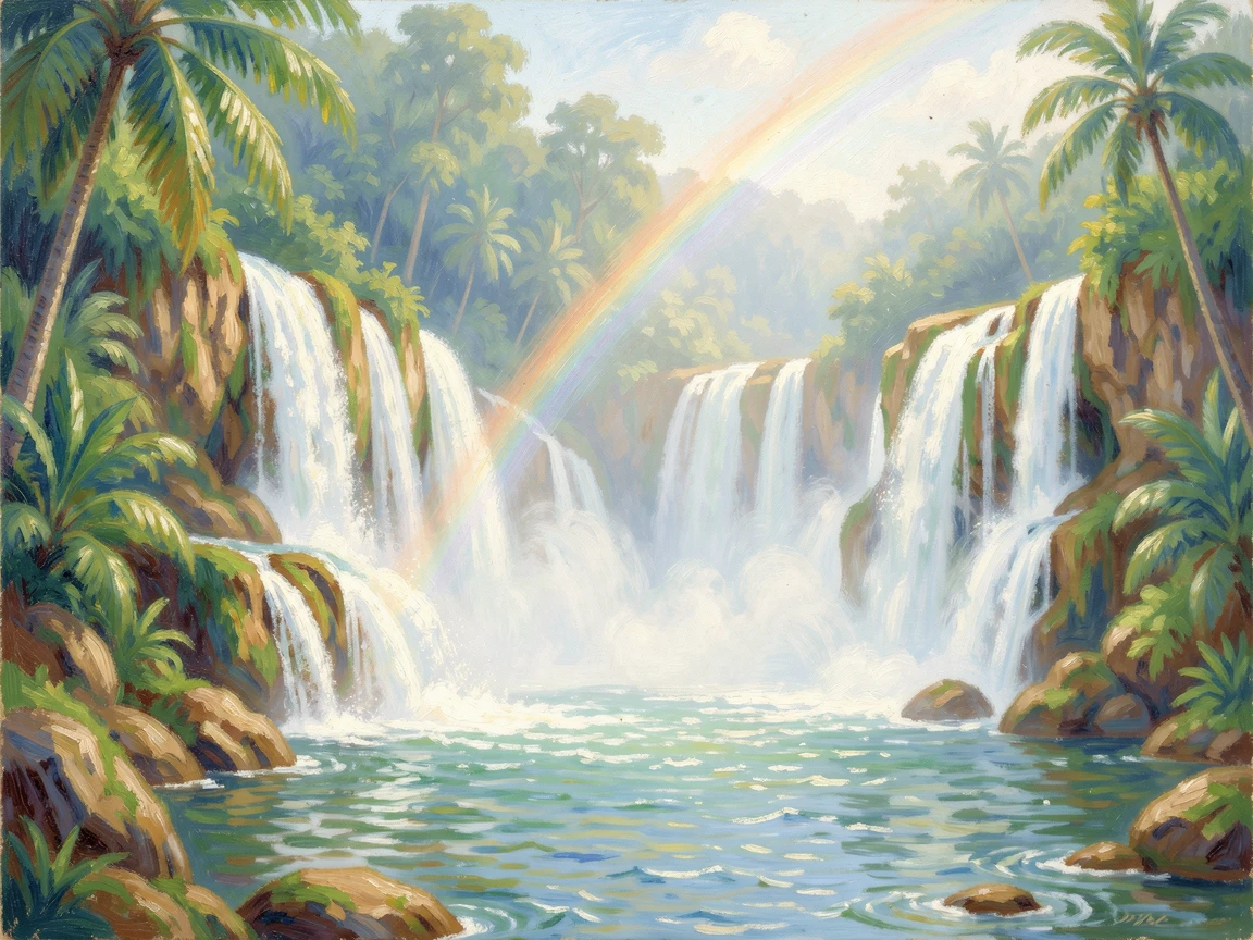 A cascading series of waterfalls in a lush tropical valley, rainbow mist rising where the water meets the pool below.