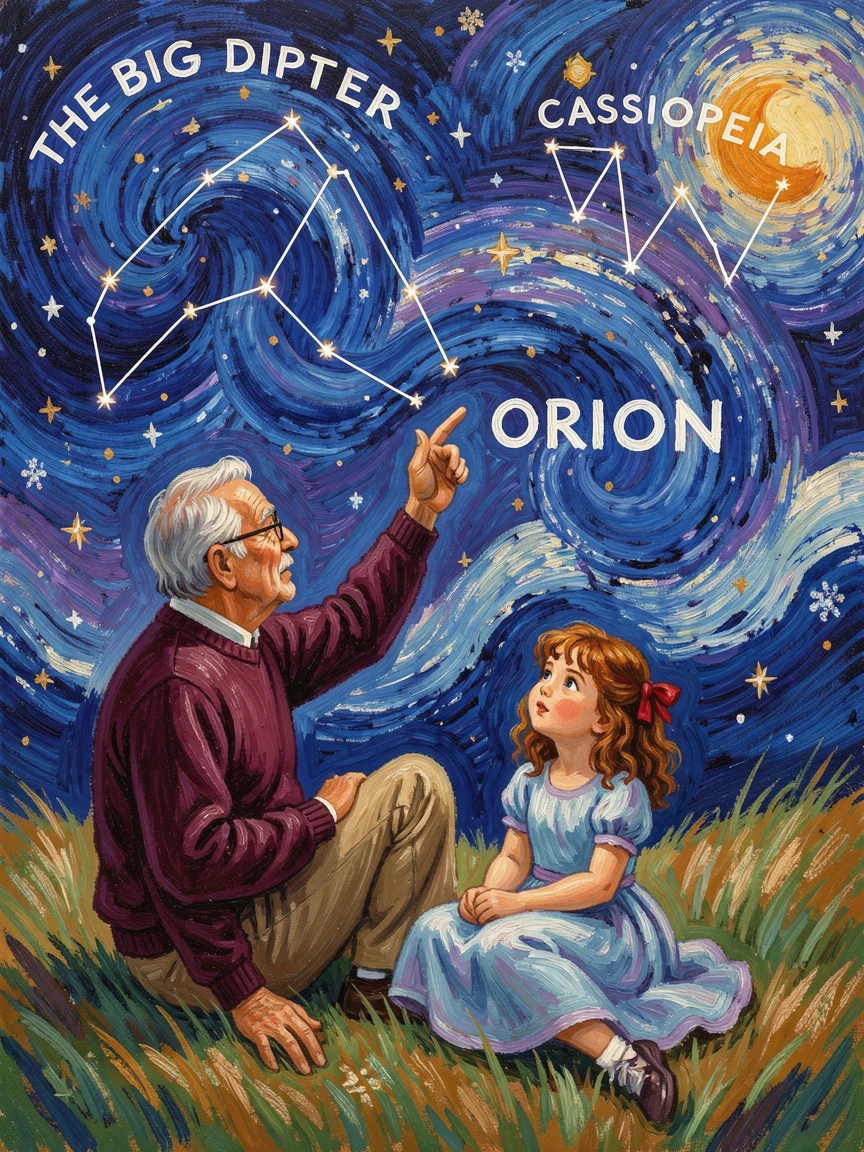 A grandfather teaching his granddaughter to identify constellations on a clear summer night.