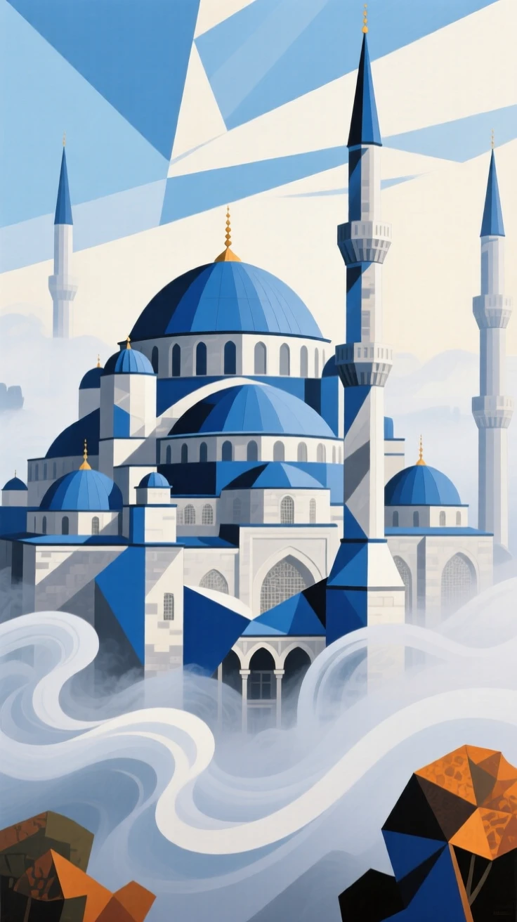 A breathtaking view of the Blue Mosque, wrapped in soft morning mist.