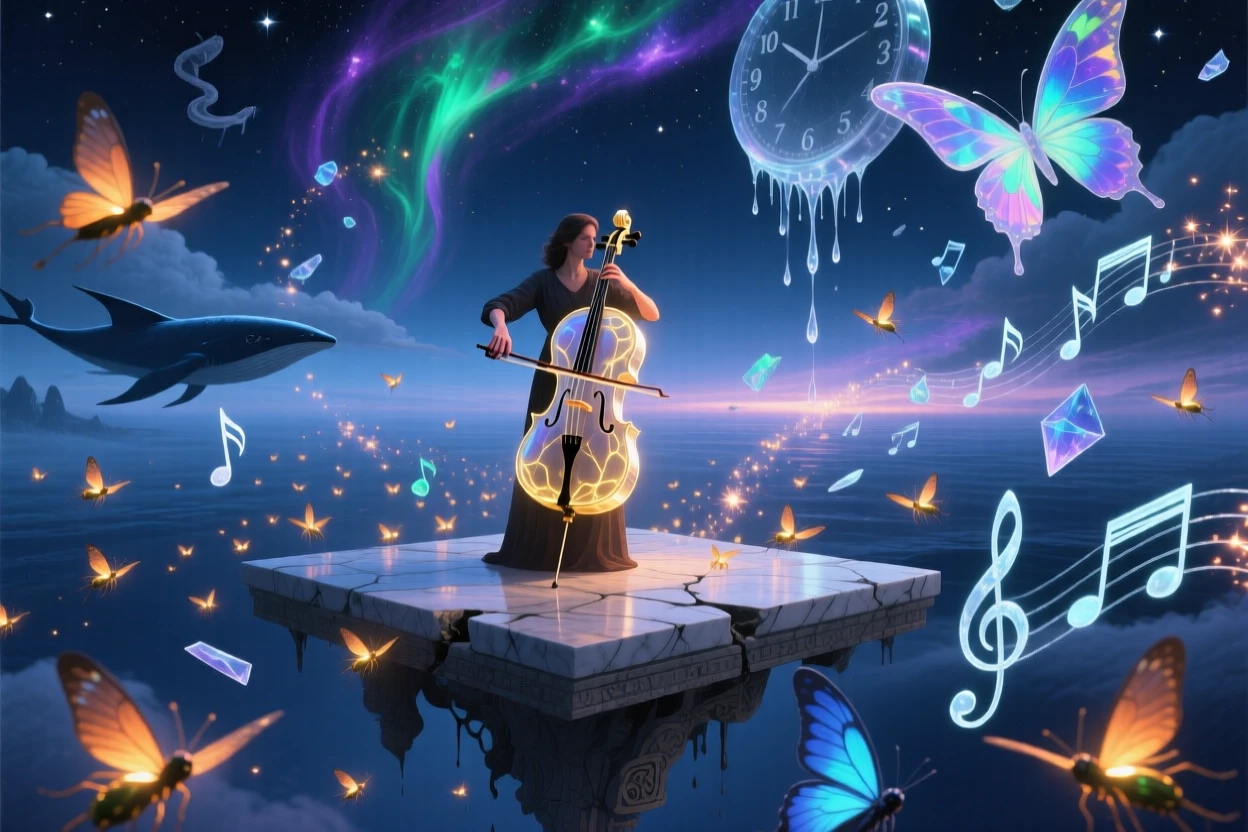 A cellist performing for an audience of softly glowing fireflies stands quietly beneath a wide and endless sky, while soft light gathers warmly around their figure.