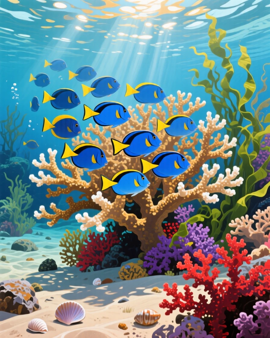 A vibrant reef scene shows a school of blue tang fish weaving through branching staghorn coral, sunlight scattering across the colorful seascape, nearby vegetation and terrain grounding the animal firmly within its natural environment.