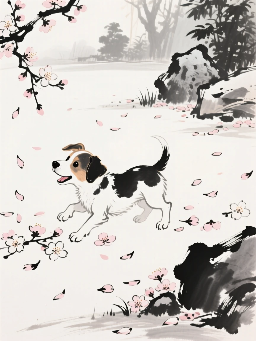 A puppy plays among fallen blossoms in a garden, with morning light falling softly across the scene.