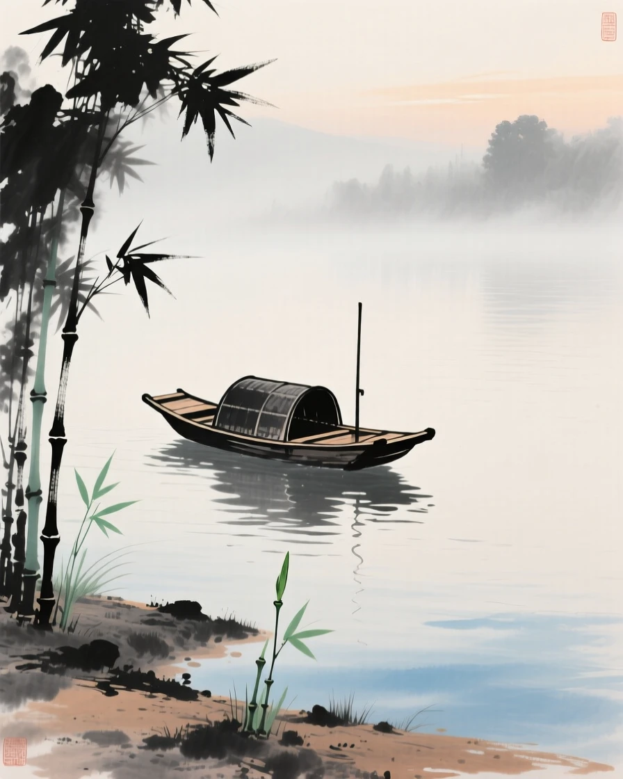 A single boat drifting alone on a vast, mist covered lake, in the soft light of late afternoon, as new bamboo shoots break through the soil, touched with gentle melancholy.