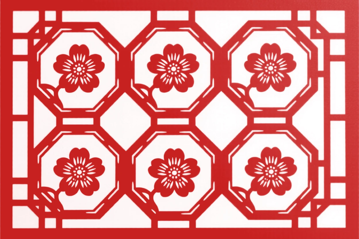 A decorative window lattice pattern of hexagons each containing a tiny blooming flower
