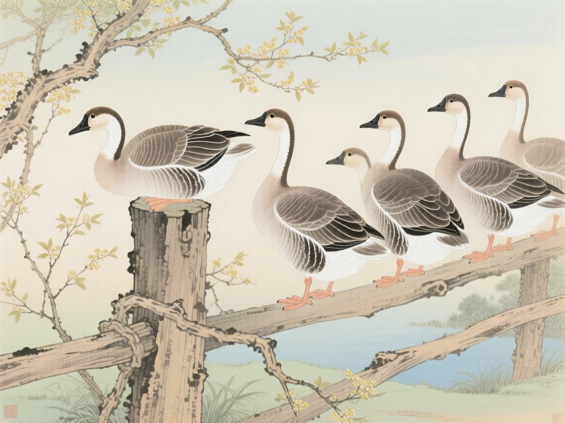 A flock of wild geese perched on a wooden fence post in early spring, soft morning light filtering through the branches
