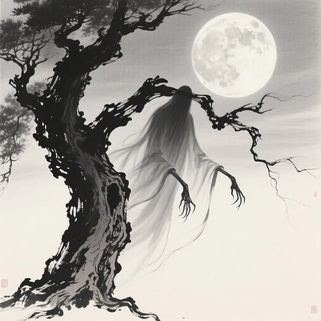 An ancient tree spirit with branches like reaching arms beneath the glow of a full harvest moon, captured mid-motion with flowing, graceful lines, capturing a dreamlike, otherworldly stillness.