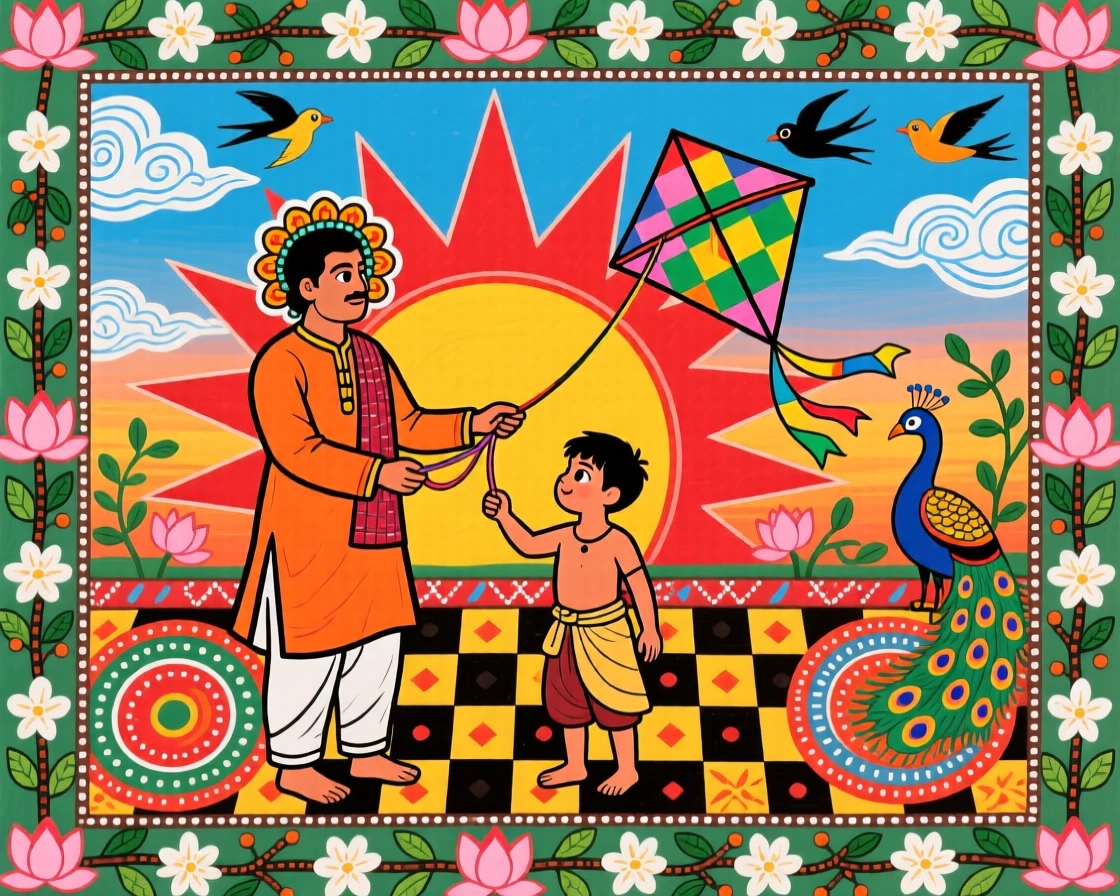 A father teaching his young son to fly a kite at sunset.