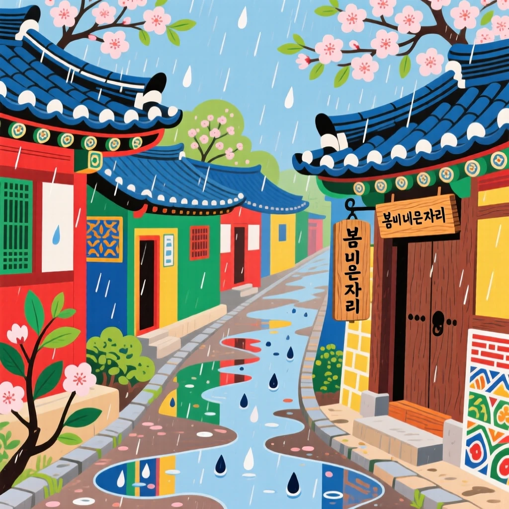 A view of a row of traditional tiled-roof houses along a narrow street, during a quiet spring rain.