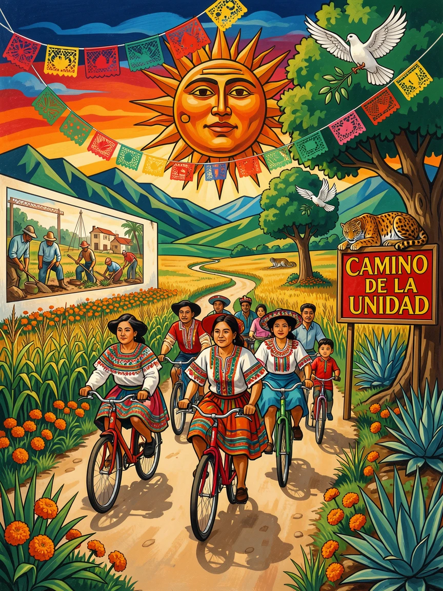 A group riding bicycles along a scenic countryside path