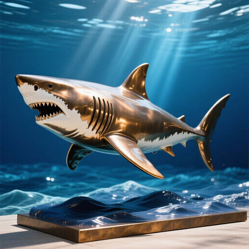 A great white shark gliding through deep blue water, bathed in warm, natural light, evoking wonder and majesty
