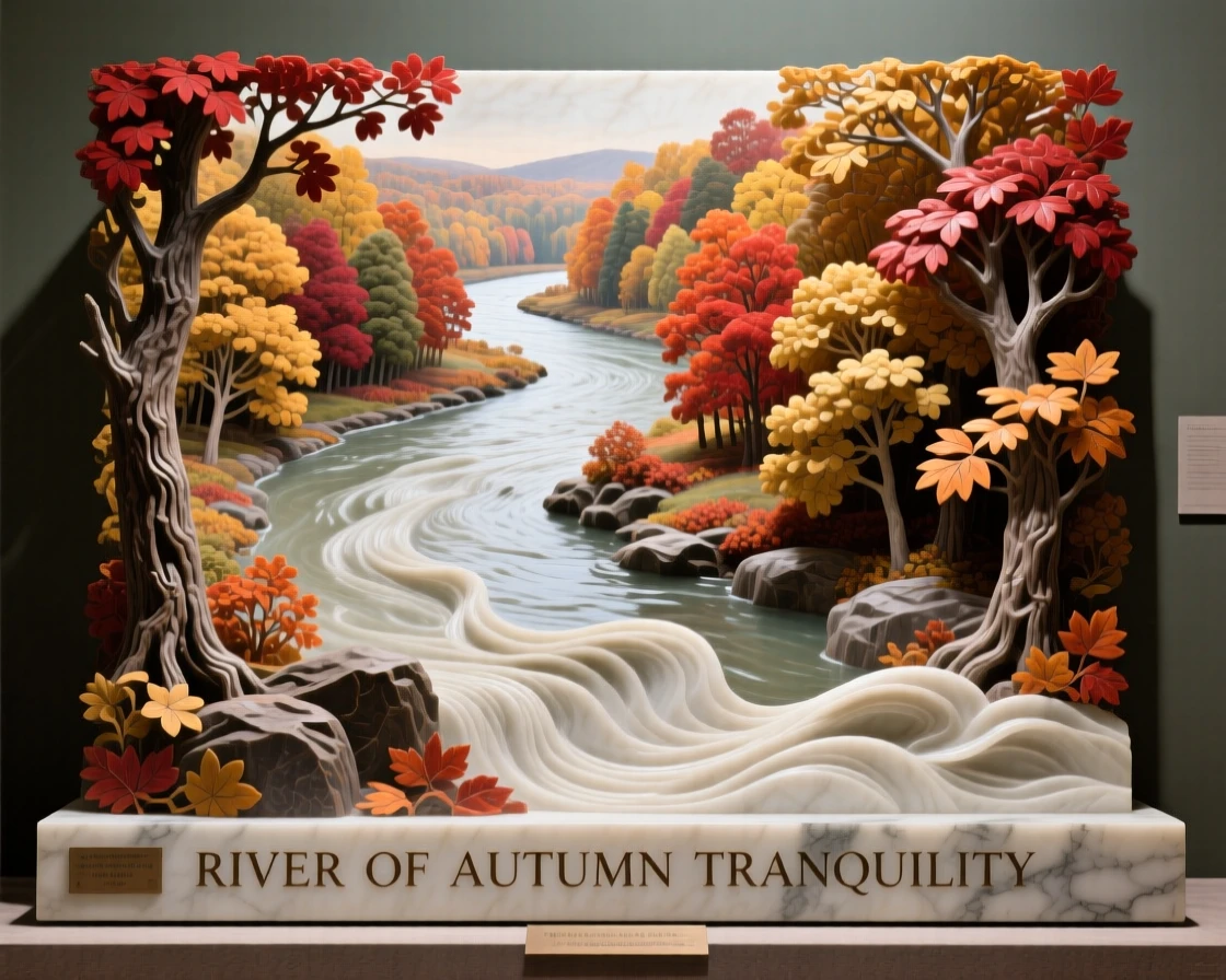 A breathtaking view of a river winding through autumn foliage, rich with color and atmosphere, evoking peace and wonder