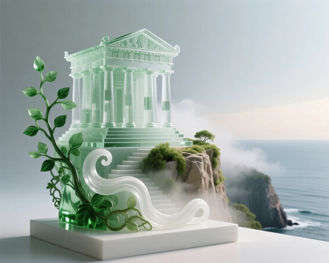 An ancient Greek temple on a cliff above the sea surrounded by lush greenery and soft morning mist, wide establishing composition, feeling serene and majestic.