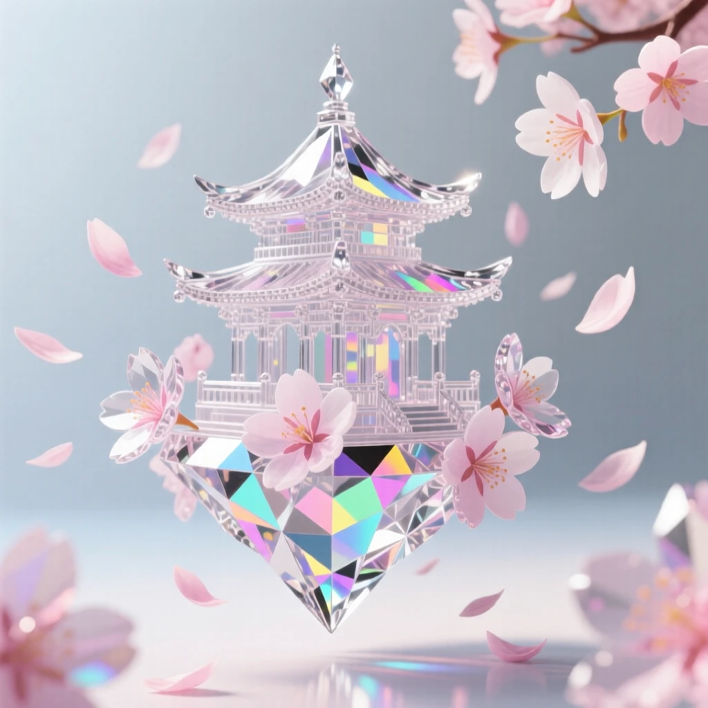A floating temple surrounded by cherry blossom petals drifting in an eternal spring breeze.
