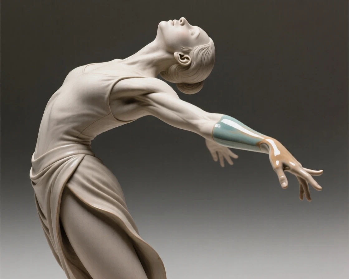 A dancer frozen in a dramatic backbend standing proudly with chin lifted high, with expressive hands mid-gesture, stirring nostalgia and heartfelt warmth.