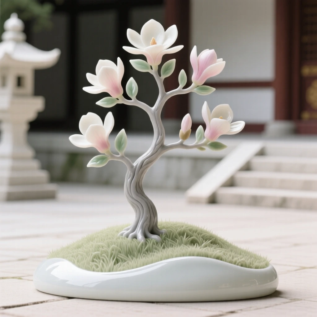 A graceful magnolia tree standing alone on a grassy hill in a tranquil temple courtyard.