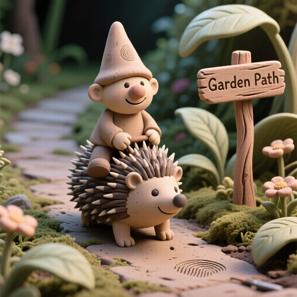 A gnome riding a hedgehog through an overgrown garden path